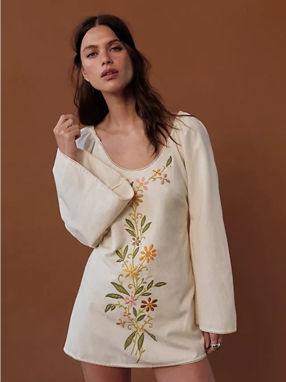 Free People Cream Mini Dress with Green & Yellow Floral Embroidery